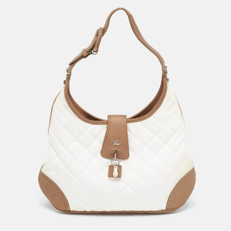 Travel - Approved Burberry Carry - on BagsWhite/Brown Quilted Canvas and Leather Brooke Hobo