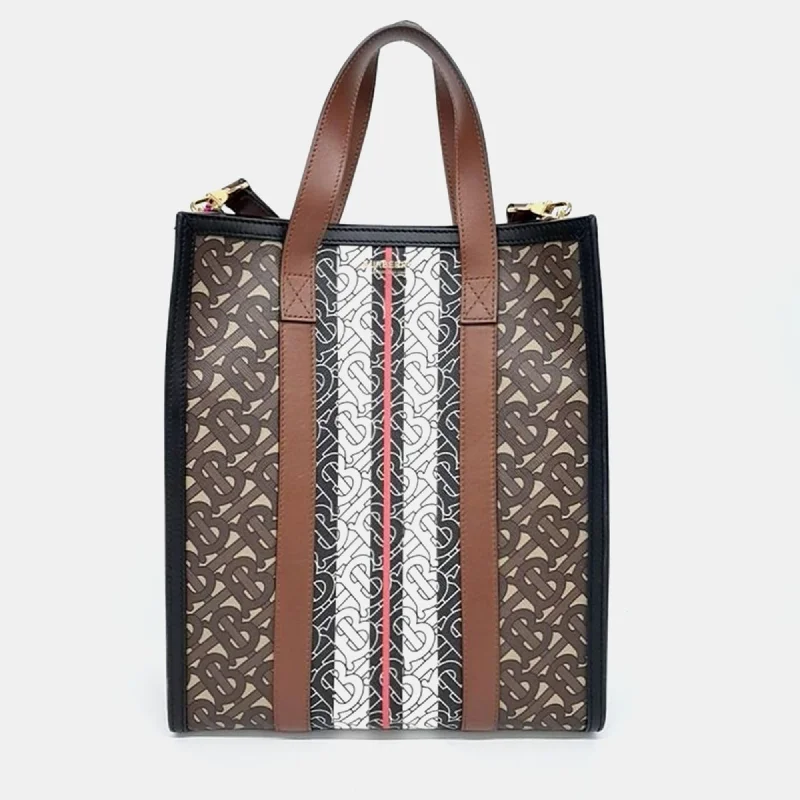 Water - Resistant Burberry Beach BagsBlack/Brown TB Monogram Coated Canvas, Leather Stripe Portrait Tote