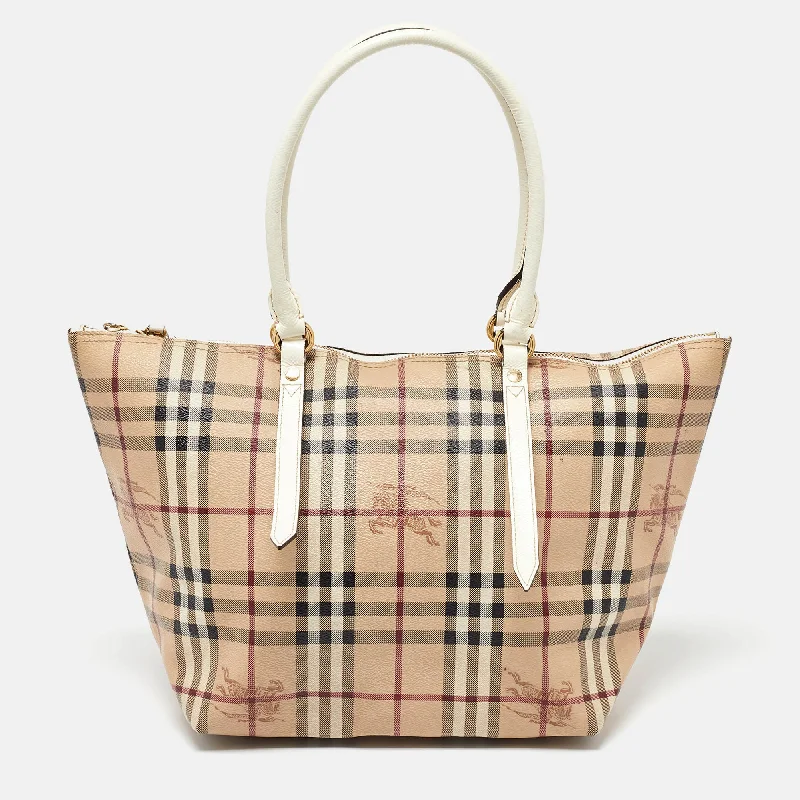 Burberry Bags with Detachable Straps for CustomizationBeige/White Haymarket Check Coated Canvas and Patent Leather Salisbury Tote