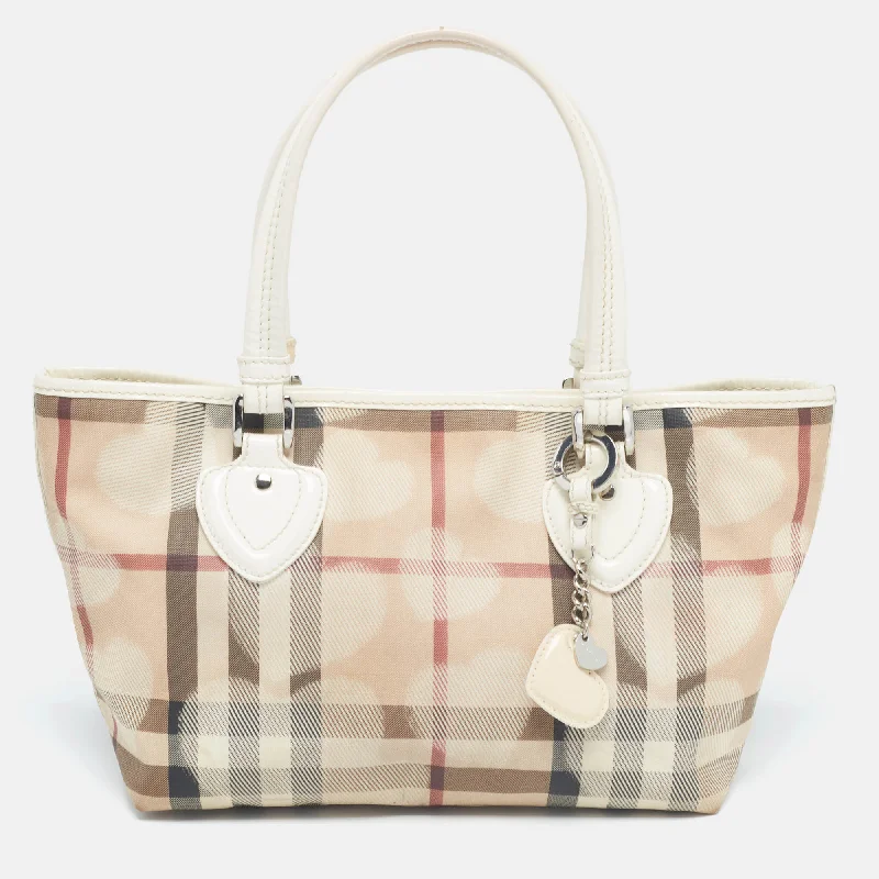 Burberry Bags with Adjustable Handles for Different Carrying WaysWhite/Beige House Check PVC and Patent Leather Heart Tote