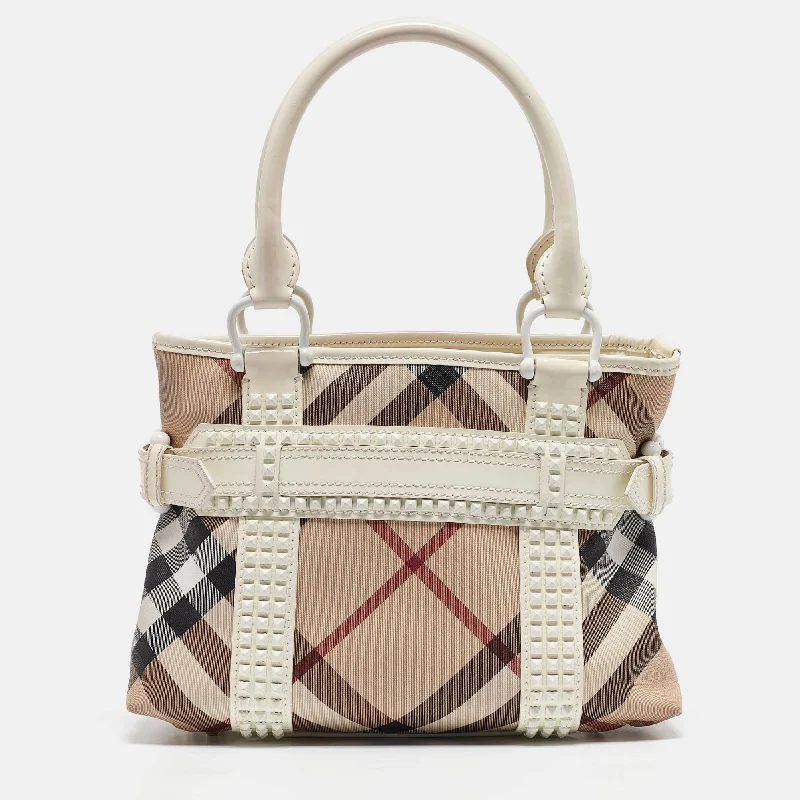 Monogrammed Burberry Bags for a Personal TouchWhite/Beige Super Nova Check Vinyl Small Studded Rachel Tote