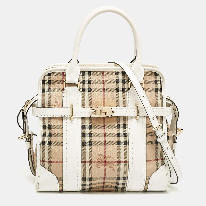 Burberry Bags with Interior Organizers for Easy SortingWhite/Beige Haymarket PVC and Leather PVC Minford Satchel