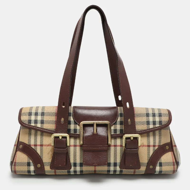 Vintage Inspired Burberry Bags for Retro LoversBrown/Beige Haymarket Check Coated Canvas and Leather Buckle Flap Satchel