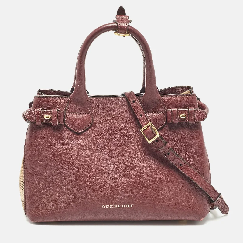 Burberry Bags with RFID Blocking TechnologyBurgundy/Beige Leather and House Check Fabric Small Banner Tote