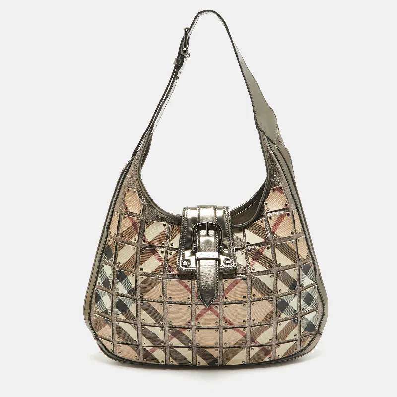 Designer Burberry Bags for Fashion EnthusiastsMetallic/Beige Nova Check Canvas and Leather Studded Brooke Warrior Hobo