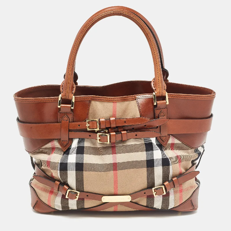 Light - Colored Burberry Bags for Spring and SummerBrown/Beige House Check Canvas and Leather Medium Bridle Lynher Tote