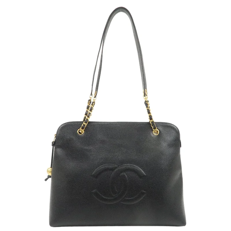 Chanel Quilted Leather Shoulder Bag for FashionistasCHANEL Caviar Skin Chain Tote Bag Shoulder Bag Black Gold A03578