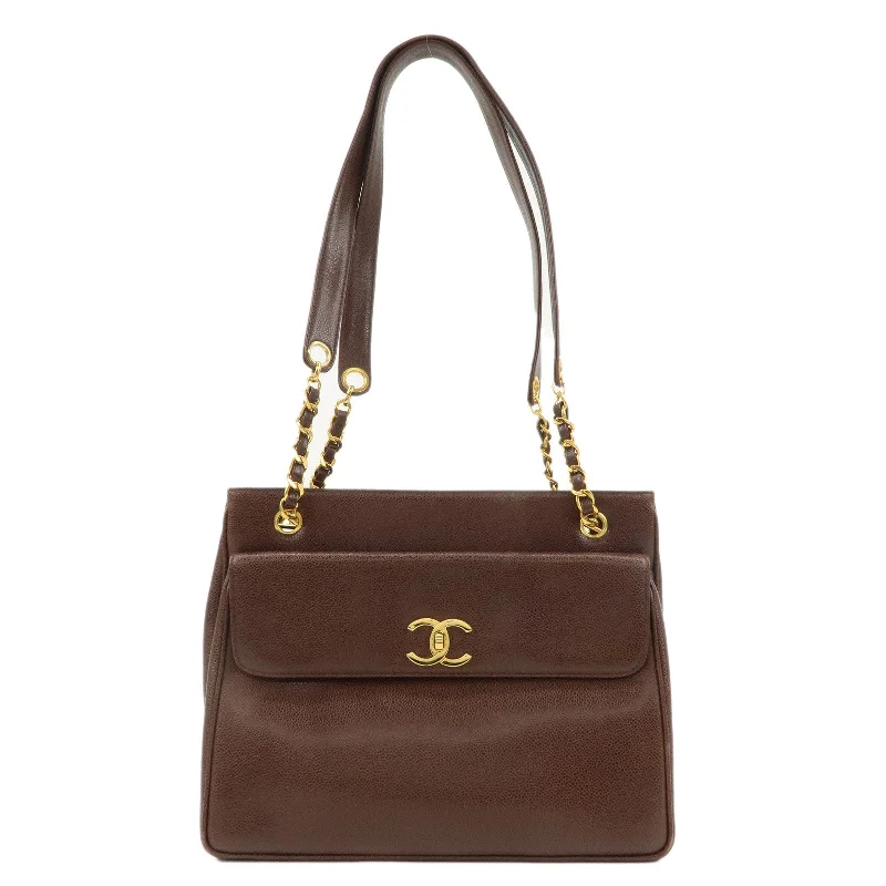 Chanel leather bags for everydCHANEL Caviar Skin Coco Mark Chain Tote Bag Shoulder Bag Brown