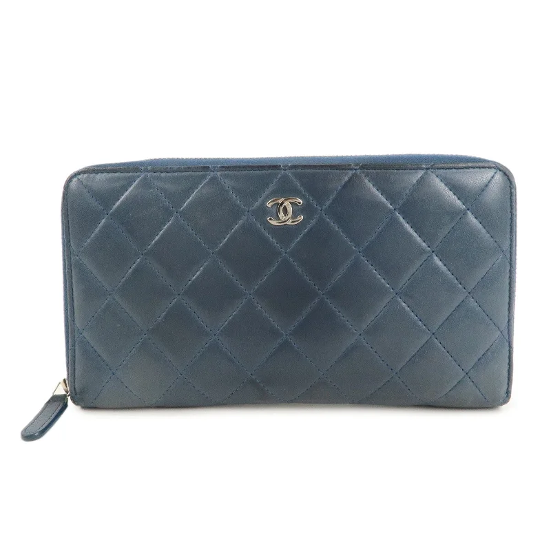 Chanel Small Crossbody Bag for TravelCHANEL Matelasse Lamb Skin Round Zippy Long Wallet Navy Silver HDW