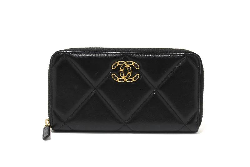 Chanel bags with iconic gold chainsAuthentic Chanel 19 Black Quilted Lambskin Leather Long Zip Around Wallet