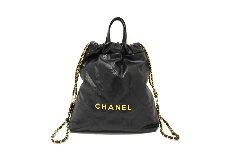 Chanel bags with chain and leather strap combinationsAuthentic Chanel Black Chanel 22 Calfskin Leather Drawstring Chain Backpack