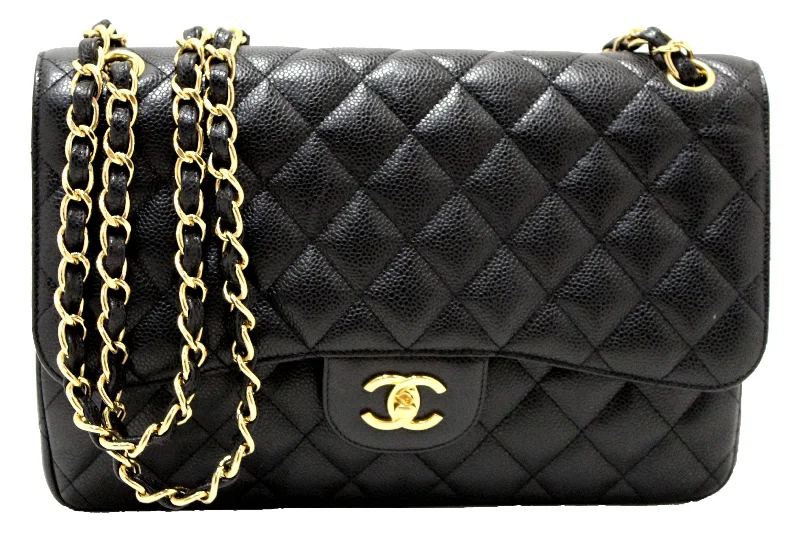 Chanel Quilted Leather Shoulder Bag for FashionistasAuthentic Chanel Black Quilted Caviar Leather Classic Jumbo Double Flap Bag