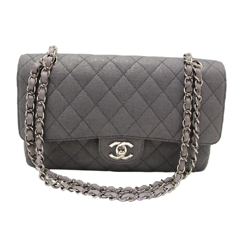 Chanel Limited Edition Handbag for CollectorsAuthentic Chanel Grey Glitter Canvas Medium Classic Flap Shoulder Chain Bag