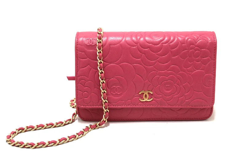 Chanel bags with leather and tweed combinationsAuthentic Chanel Pink Camellia Lambskin Leather Wallet On Chain/Clutch Bag