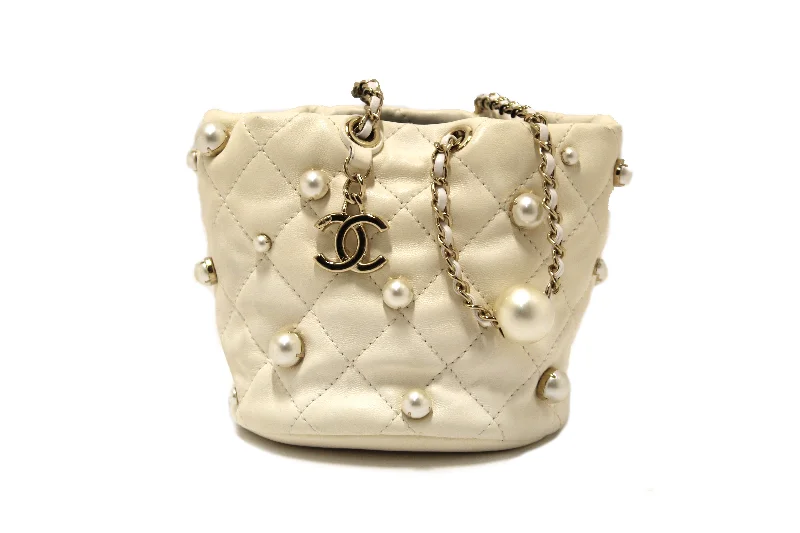 Chanel leather bags for everydAuthentic Chanel Quilted Lambskin with Pearls Mini Drawstring Bucket Bag