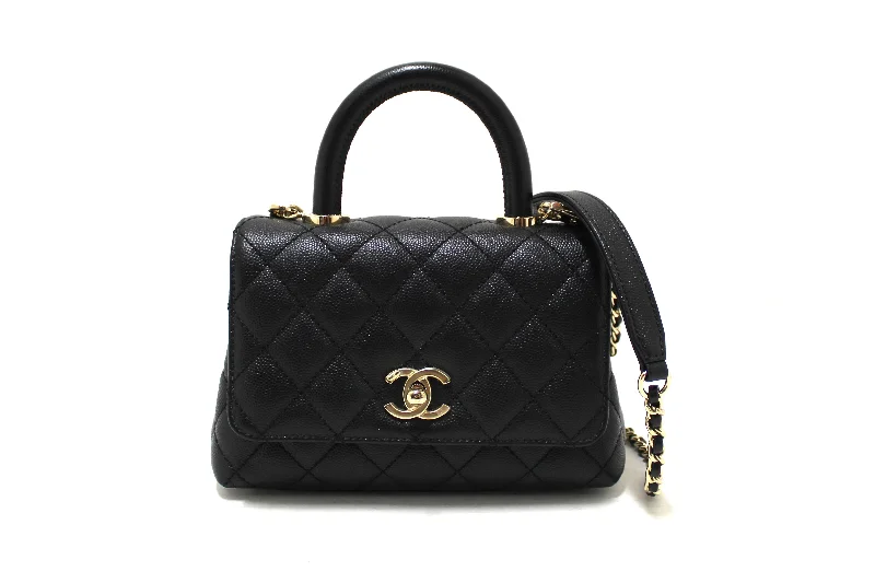 Chanel bags with iconic gold chainsAuthentic Chanel Black Quilted Caviar Leather Mini Coco Handle Flap Bag