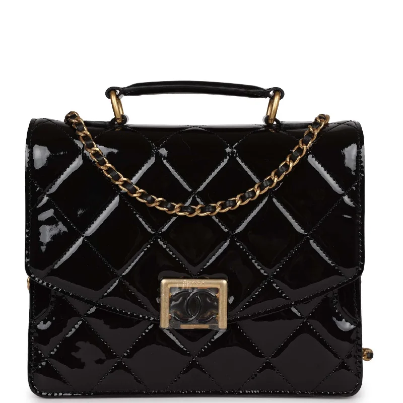 Chanel All - Match Handbag for Versatile StylingChanel Accordion Pushlock Top Handle Flap Bag Black Patent Leather Aged Gold Hardware