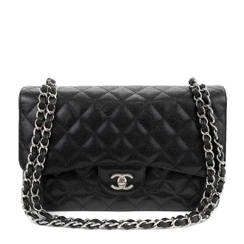 Chanel bags with adjustable chain strapsChanel Black Caviar Jumbo Classic Flap w/ Silver Hardware(2017)