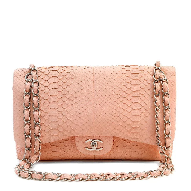 Chanel bags with exclusive seasonal releasesChanel Bubblegum Pink Python Jumbo Classic w/ Silver Hardware