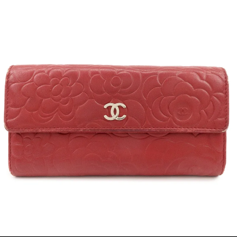 Chanel bags sale 2025CHANEL Camelia Lamb Skin Bi-fold Long Wallet Red