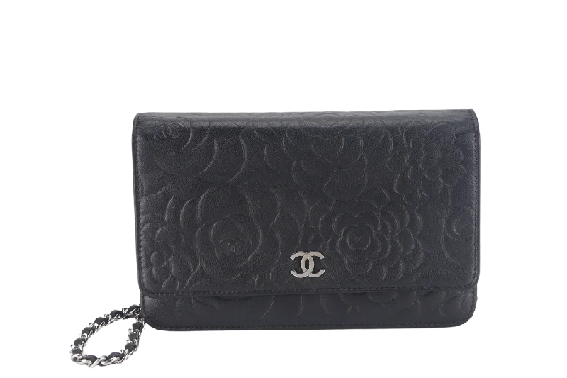 Chanel Small Crossbody Bag for TravelCHANEL CAMELLIA W.O.C (1609xxxx) BLACK EMBOSSED LAMBSKIN SILVER HARDWARE  WITH CARD AND BOX