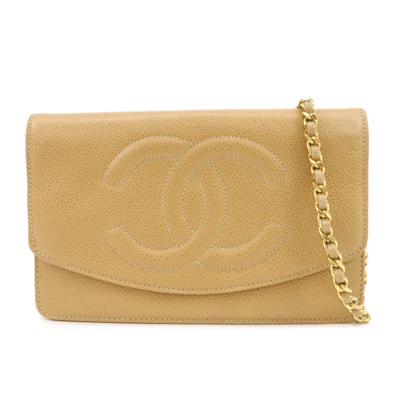 Chanel bags with iconic stitching detailsCHANEL Caviar Skin Coco Mark Chain Wallet Beige Gold HDW