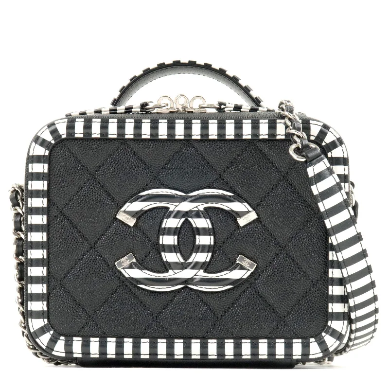 Chanel bags with iconic gold chainsCHANEL CC Filigree Caviar Skin Vanity Case 2Way Bag Stripe A93342