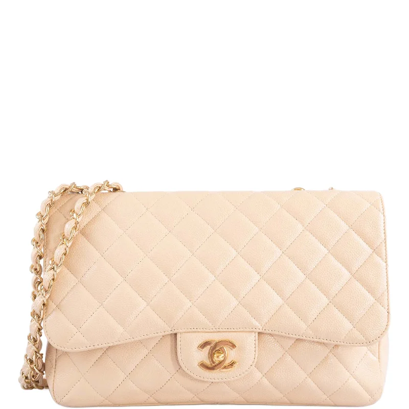 Chanel bags with iconic stitching detailsChanel Classic Jumbo Single Flap Beige Quilted Caviar Gold Hardware