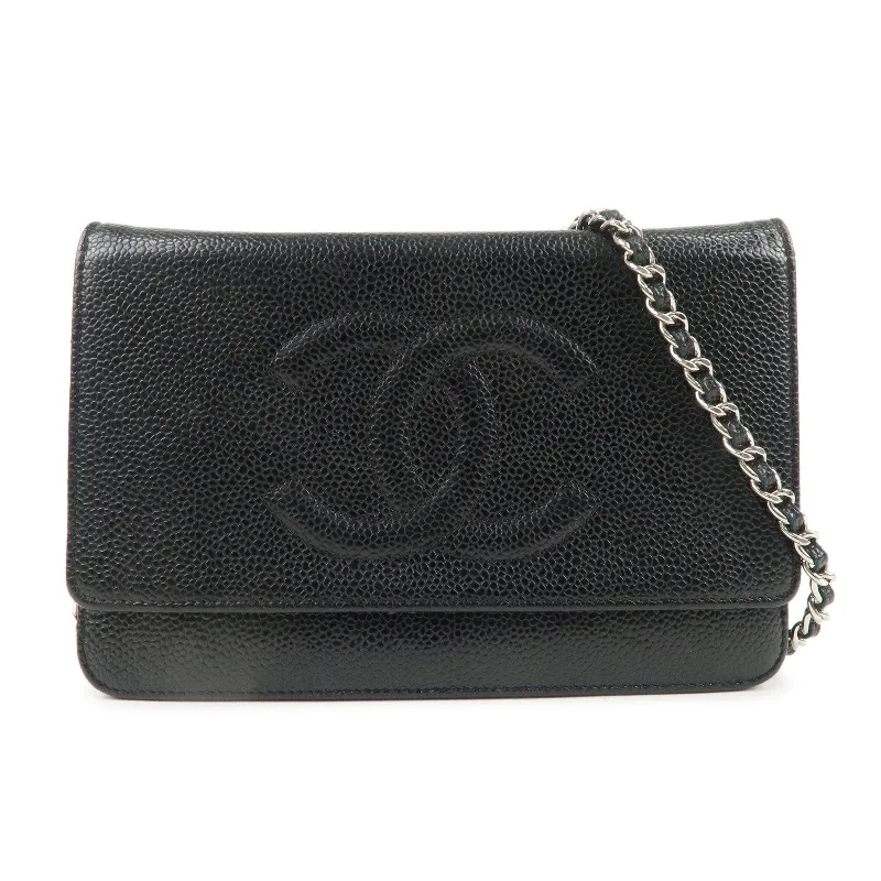 Chanel Quilted Leather Shoulder Bag for FashionistasCHANEL Coco Mark Caviar Skin Chain Wallet WOC Black A48654