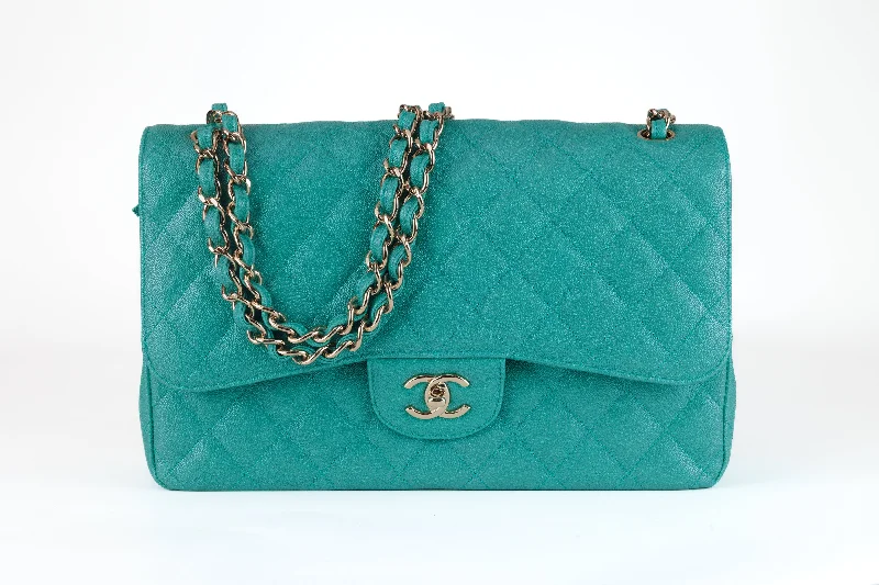 Chanel bags with iconic gold chainsChanel Green Iridescent Caviar Jumbo Classic with Gold Hardware