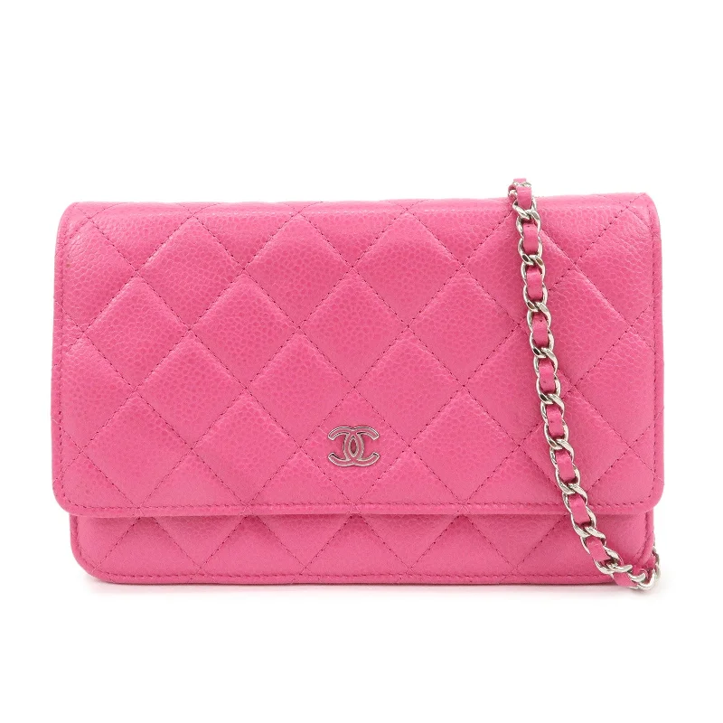 Chanel bags with modern touchesCHANEL Matelasse Caviar Skin Chain Wallet Purse Pink Silver AP0250