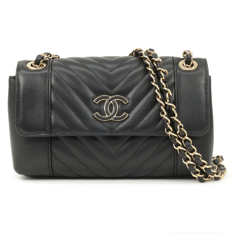 Chanel bags for the minimalist fashionCHANEL Matelasse Lamb Skin Chevron Chain Shoulder Bag Black AS0260