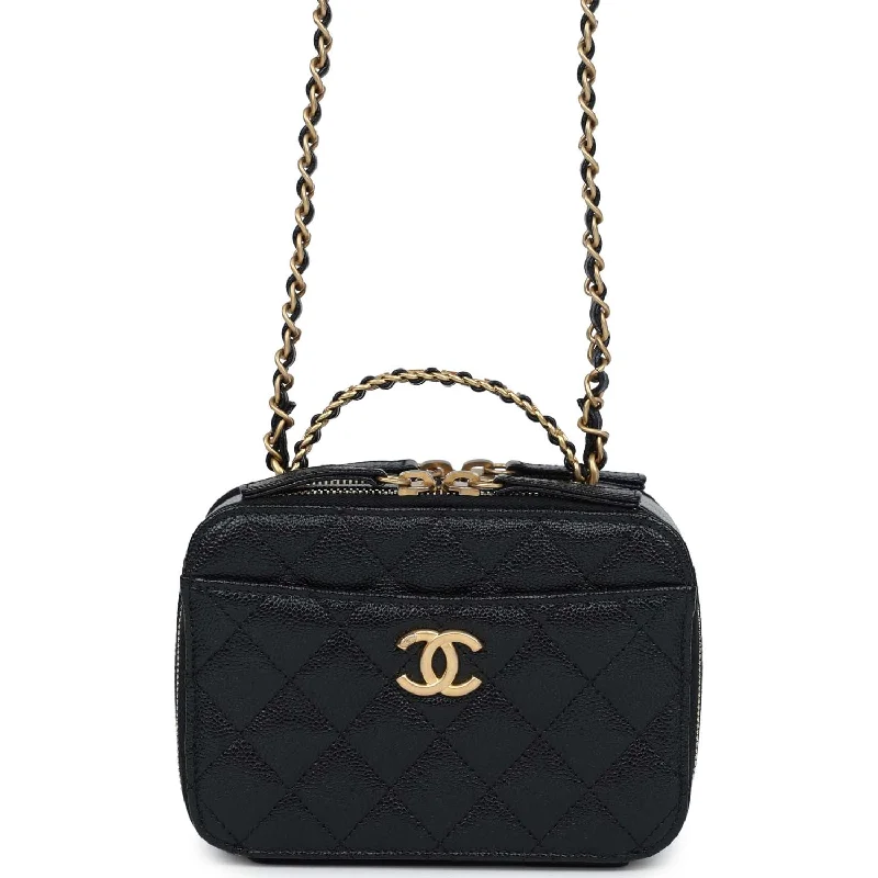 Chanel Handbag with Adjustable Strap for ComfortChanel Mini Pick Me Up Top Handle Vanity Case Black Caviar Brushed Gold Hardware