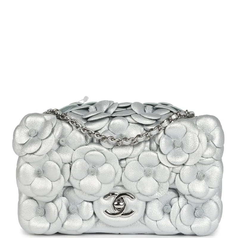 Chanel classicChanel Mini Rectangular Camellia Flap Bag Silver Lambskin Silver Hardware