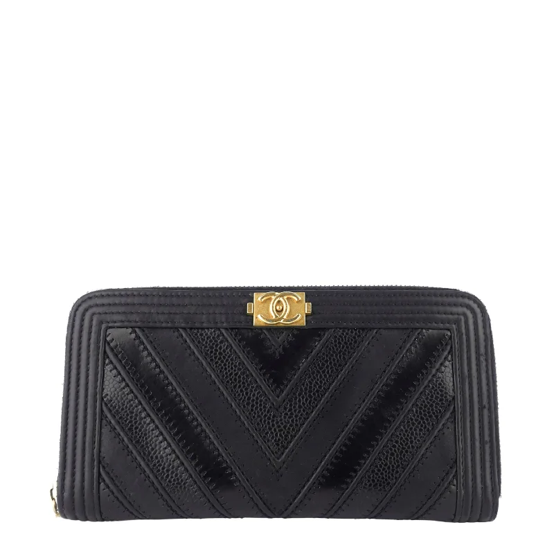 Chanel All - Match Handbag for Versatile StylingBoy Chevron Mixed Leather Zip Around Wallet