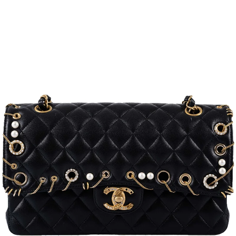 Chanel bags with intricate metal hardwareCHANEL Piercing Chic Black Medium Classic Double Flap Bag 2018