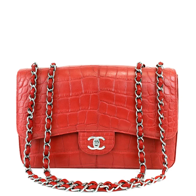 Chanel bags with iconic stitching detailsChanel Red Crocodile Jumbo Classic with Silver Hardware