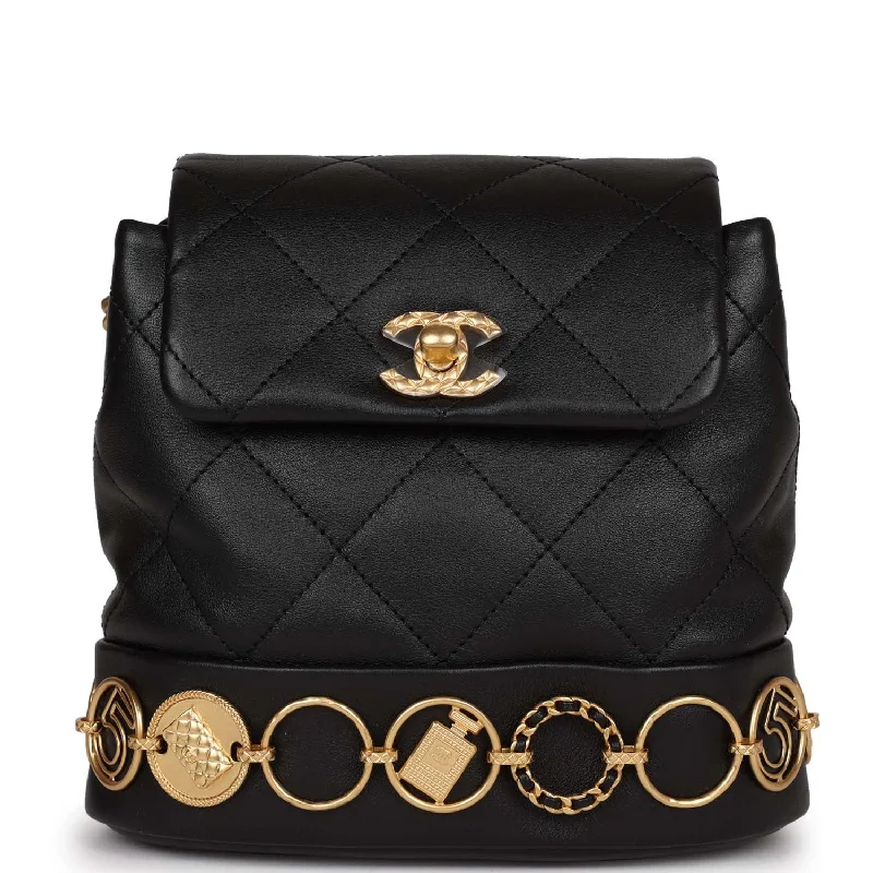 Chanel bags with exclusive seasonal designs and materialsChanel Small Charm Backpack Black Calfskin Aged Gold Hardware