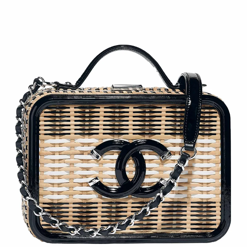 Chanel bags available in bold colors and patternsChanel Vanity Case Black, Beige & White Rattan, Patent Calfskin & Silver-Tone Metal