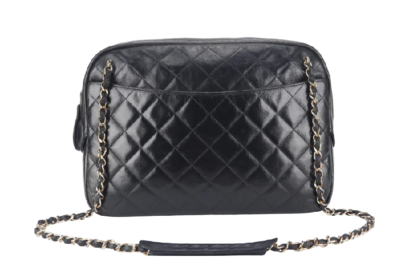 Chanel bags with intricate metal hardwareCHANEL VINTAGE CAMERA BAG (117xxxx) MEDIUM BLACK LAMBSKIN QUILTED GOLD HARDWARE NO DUST COVER