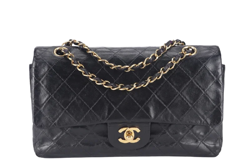 Chanel bags with leather and tweed combinationsCHANEL VINTAGE CLASSIC DOUBLE FLAP (341xxxx) SMALL BLACK LAMBSKIN LEATHER GOLD HARDWARE NO DUST COVER