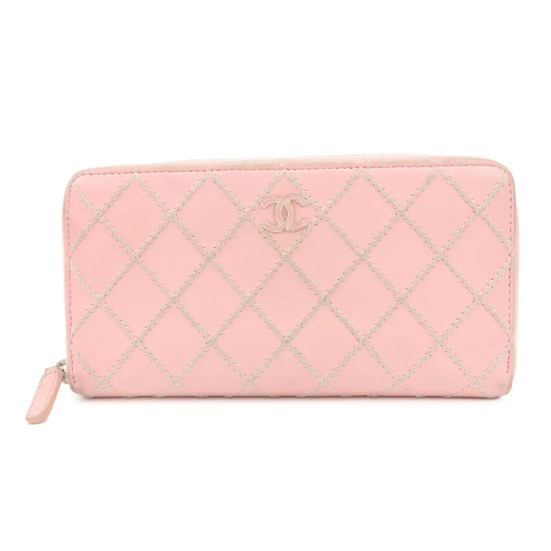 Chanel bags for a polished and professional appearanceCHANEL Wild Stitch Lamb Skin Round Zipper Long Wallet A80143