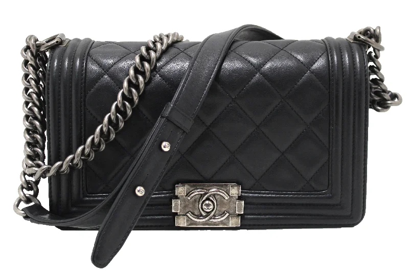 Chanel bags with adjustable chain strapsAuthentic Chanel Black Quilted Calfskin Old Medium Boy Shoulder Bag