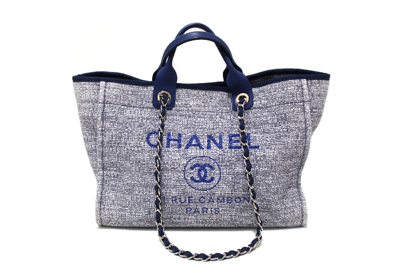 Chanel bags available at online luxury retaileAuthentic Chanel Blue Tweed Maxi Deauville Shopping Tote