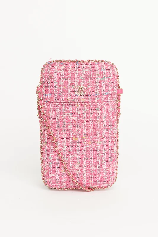 Chanel bags with gold, silver, and pearl accents2019 Pink Tweed Chain Around Phone Holder Preowned Crossbody Bag