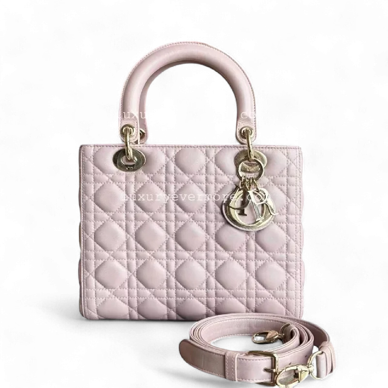 Christian Dior handbags with a detachable mirror for on - the - go touch - ups*Adjustable Strap* Dior Lady Medium - Iridescent Cannage Lambskin Light Pink Golden Hardware