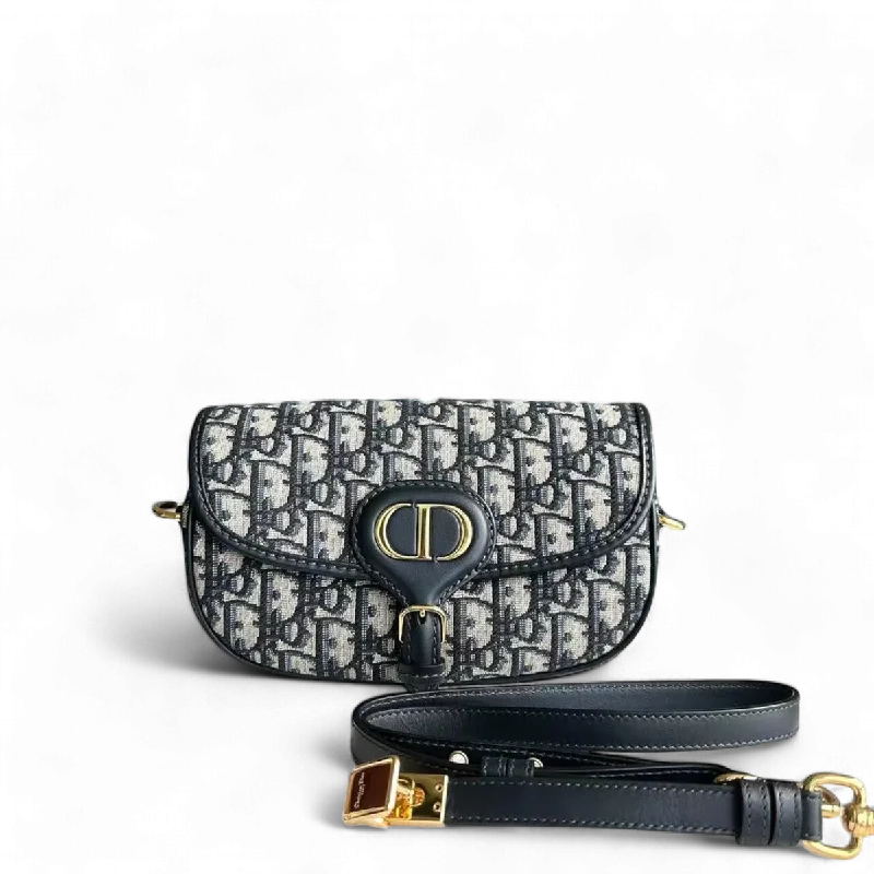 Christian Dior bags with a side - pocket for holding a water bottleDior Bobby East West Oblique Canvas Dark Blue Golden Hardware