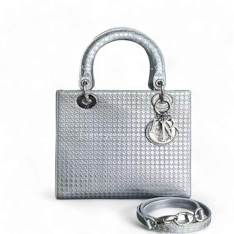 Christian Dior bags with a quilted pattern and gold - toned hardwareDior Lady Medium - Metallic Micro-cannage Silver Hardware