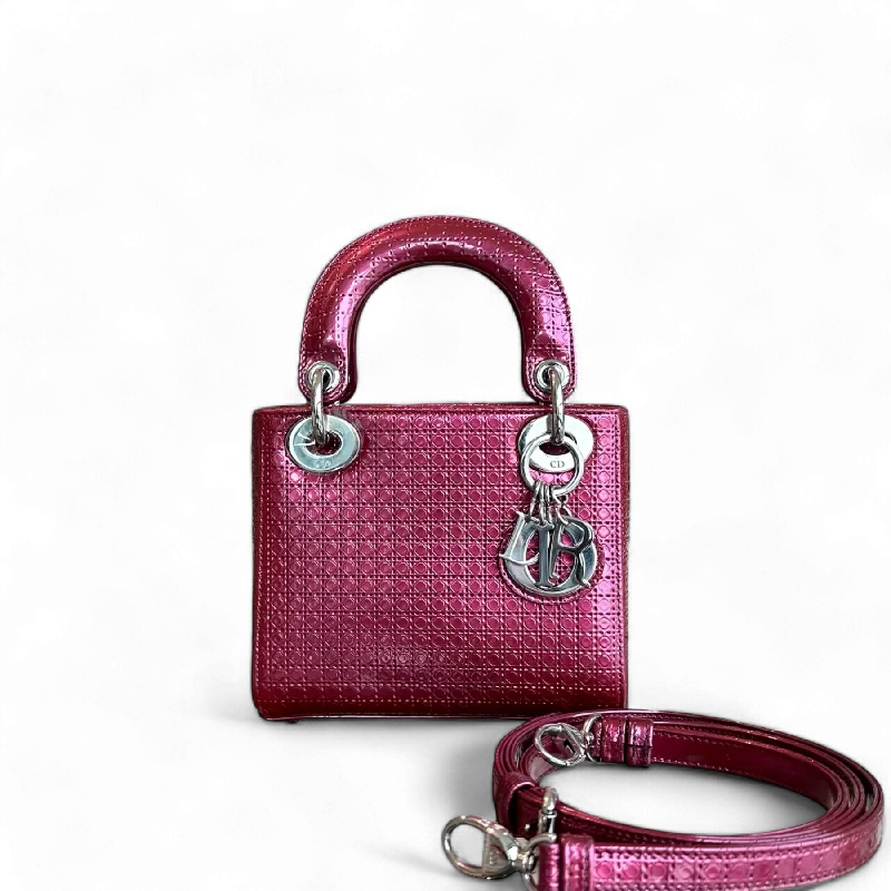 High - fashion Christian Dior bags with a geometric patternDior Lady Mini - Micro-Cannage Dark Pink Silver Hardware Adjustable Strap