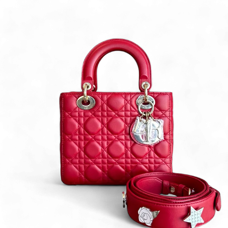 Christian Dior bags with a side - pocket for holding a water bottleDior Lady Small Cannage Lambskin Red Golden Hardware